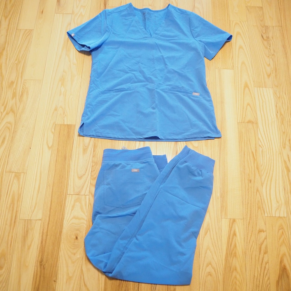 FIGS Scrub Set Womens Large Ciel Blue Zamora Joggers & Casma 3 Pocket Top